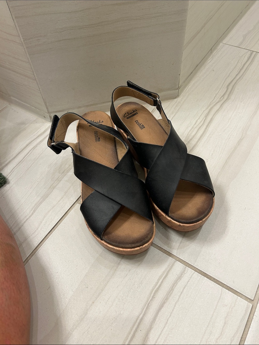 Clarks Black Leather Crisscross Wedge Sandals